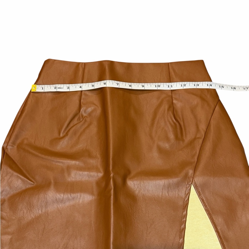 Lulus Walking The Walk Camel Vegan Leather Mini Skirt Brown - Picture 5 of 5